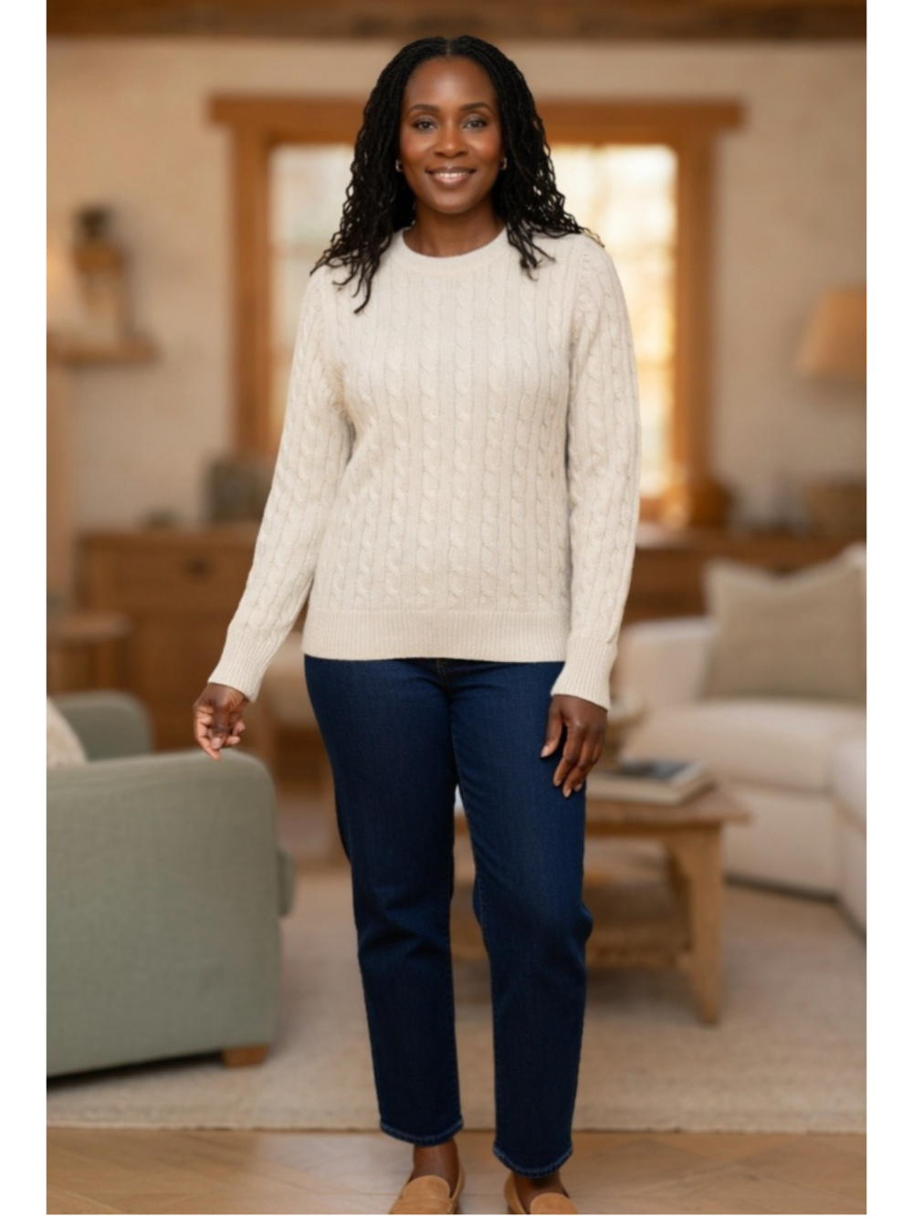 Gap Med Ivory Angora Blend Cable Knit Crew Neck Pullover Sweater Classic Preppy